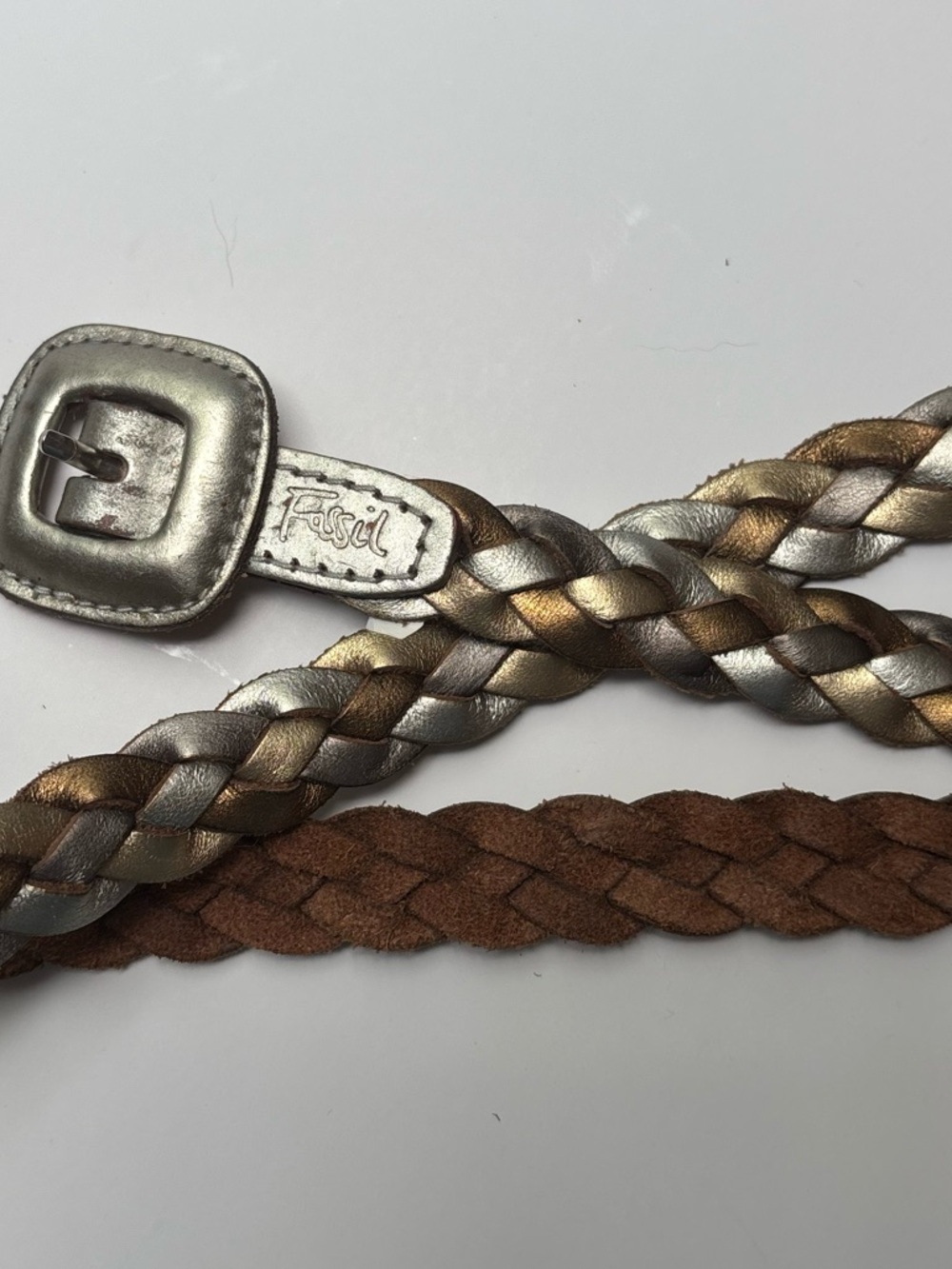 Fossil metallic braided leather skinny belt